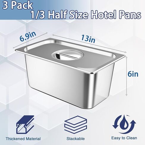 3 Pack Hotel Pans with Lids, 1/3 Size x 6 Inch Deep Steam Table Pan, Commercial Stainless Steel Hotel Pan Restaurant Supplies Tray Square Steam Table Half Pans for Chafing Dishes, Buffet, Home, Party in Kuwait