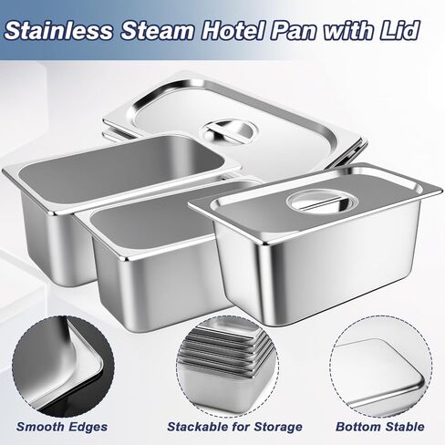 3 Pack Hotel Pans with Lids, 1/3 Size x 6 Inch Deep Steam Table Pan, Commercial Stainless Steel Hotel Pan Restaurant Supplies Tray Square Steam Table Half Pans for Chafing Dishes, Buffet, Home, Party in Kuwait