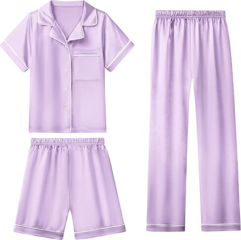 LQSZ 3-Piece Girls Pajamas Set Soft Silk Satin Short Sleeve Button-Down Sleepwear Nightwear Loungewear for Kids 3-12 Years in Kuwait