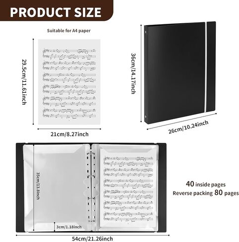 80 Sleeves Sheet Music Binder Black, 8.5"x11" Sheet Music Folder with Elastic Band, Sheet Music Organizer with Plastic Sleeves for Writable in Saudi Arabia