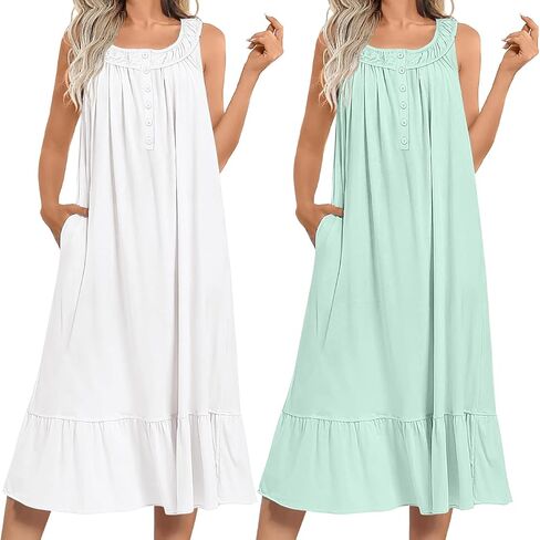 Ekouaer 2 Pack Nightgowns for Women Sleeveless Long Night Gowns Victorian Nightdress with Pockets Soft Ladies Gown in Saudi Arabia