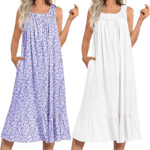 Ekouaer 2 Pack Nightgowns for Women Sleeveless Long Night Gowns Victorian Nightdress with Pockets Soft Ladies Gown in Saudi Arabia
