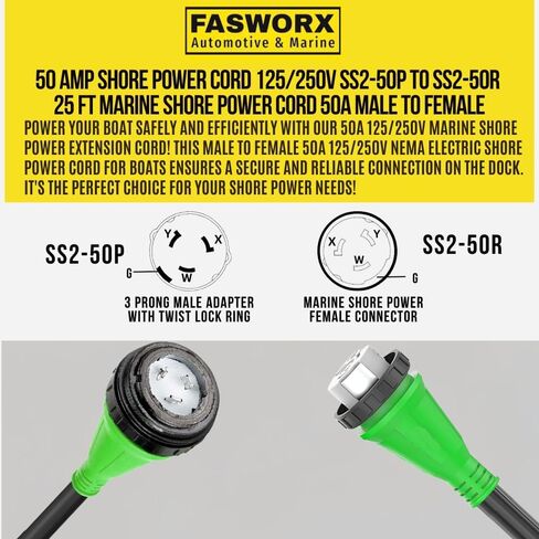 50 Amp Marine Shore Power Cord SS2-50P to SS2-50R - 50 Amp Shore Power Cord Boat Power Cable - 125/250V Marine Power Cord - 25Ft Boat Shore Power Cords - 50A 6/4 Male to Female Boat Power Cord in Kuwait