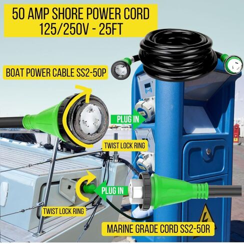 50 Amp Marine Shore Power Cord SS2-50P to SS2-50R - 50 Amp Shore Power Cord Boat Power Cable - 125/250V Marine Power Cord - 25Ft Boat Shore Power Cords - 50A 6/4 Male to Female Boat Power Cord in Kuwait