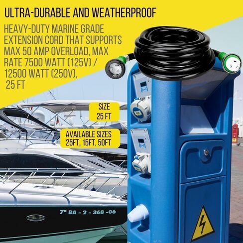 50 Amp Marine Shore Power Cord SS2-50P to SS2-50R - 50 Amp Shore Power Cord Boat Power Cable - 125/250V Marine Power Cord - 25Ft Boat Shore Power Cords - 50A 6/4 Male to Female Boat Power Cord in Kuwait
