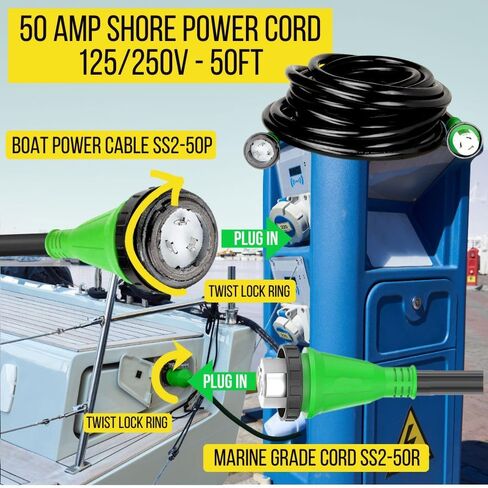 50 Amp Marine Shore Power Cord SS2-50P to SS2-50R - 50 Amp Shore Power Cord Boat Power Cable - 125/250V Marine Power Cord - 25Ft Boat Shore Power Cords - 50A 6/4 Male to Female Boat Power Cord in Kuwait