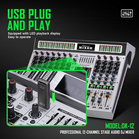 12-Channel Professional Audio Mixer, DK-12 Mixing Console with XLR Inputs, Bluetooth, 99 DSP Effects, MP3, USB Interface for Podcast, Music, Recording, PC 14.76"x1.96“x17.40"inches in Kuwait