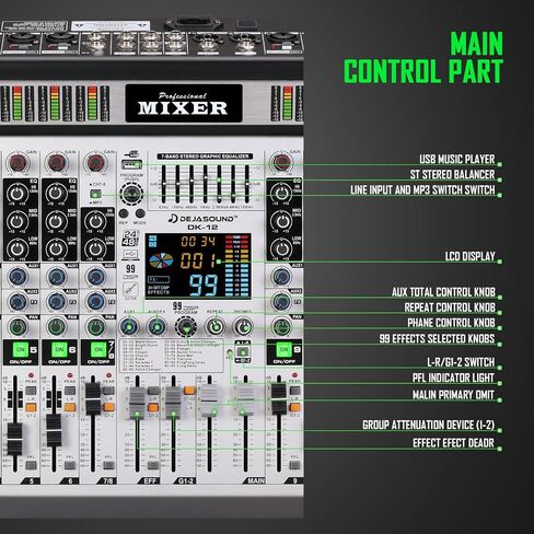12-Channel Professional Audio Mixer, DK-12 Mixing Console with XLR Inputs, Bluetooth, 99 DSP Effects, MP3, USB Interface for Podcast, Music, Recording, PC 14.76"x1.96“x17.40"inches in Kuwait