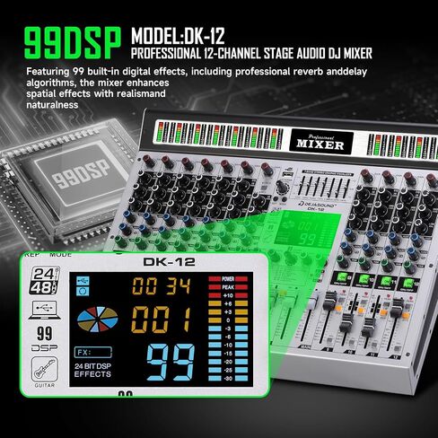 12-Channel Professional Audio Mixer, DK-12 Mixing Console with XLR Inputs, Bluetooth, 99 DSP Effects, MP3, USB Interface for Podcast, Music, Recording, PC 14.76"x1.96“x17.40"inches in Kuwait