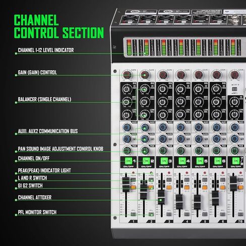 12-Channel Professional Audio Mixer, DK-12 Mixing Console with XLR Inputs, Bluetooth, 99 DSP Effects, MP3, USB Interface for Podcast, Music, Recording, PC 14.76"x1.96“x17.40"inches in Kuwait