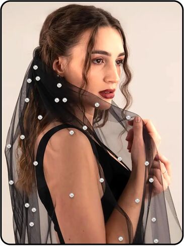 Black Pearl Veil 1 Tier Pencil Edge Wedding Bridal Veil Waist Length Tulle Headwear Elegant Veils with Metal Comb Mourning Halloween Veils for Women and Girls (23.6'') in Saudi Arabia