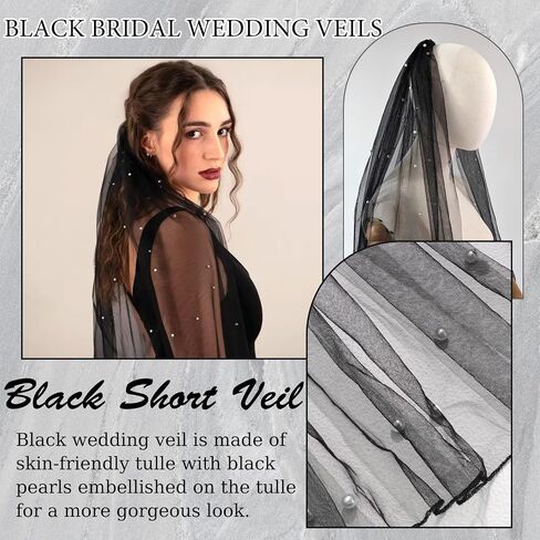 Black Pearl Veil 1 Tier Pencil Edge Wedding Bridal Veil Waist Length Tulle Headwear Elegant Veils with Metal Comb Mourning Halloween Veils for Women and Girls (23.6'') in Saudi Arabia