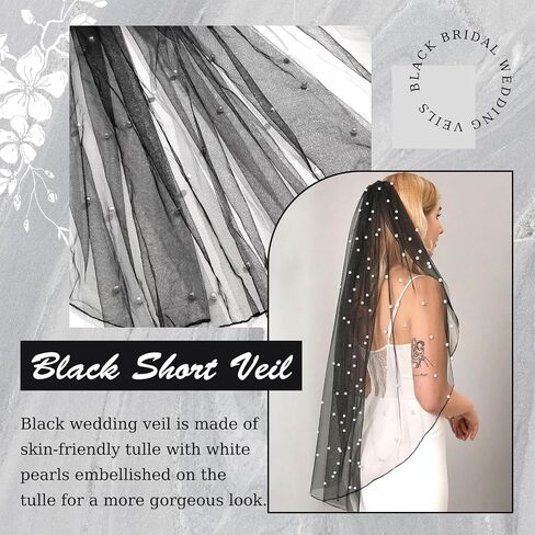 Black Pearl Veil 1 Tier Pencil Edge Wedding Bridal Veil Waist Length Tulle Headwear Elegant Veils with Metal Comb Mourning Halloween Veils for Women and Girls (23.6'') in Saudi Arabia