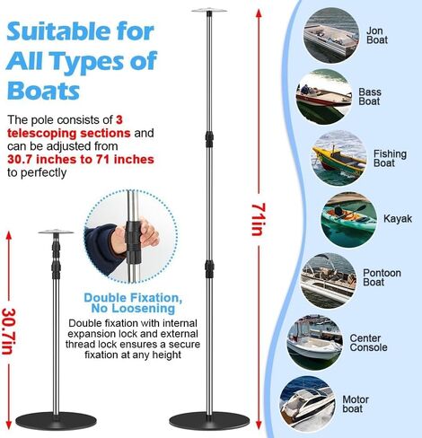 Boat Cover Support Poles, 2 Pack Adjustable Stainless Steel Pontoon Boat Cover Support System, Telescoping Tarp Accessories with 8 Straps and Metal Base for V Hull, Jon, Pontoon Boat in Kuwait