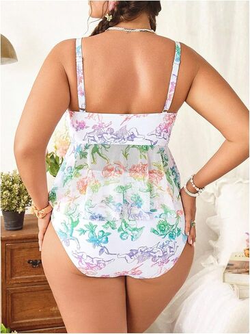 Floerns Women's Plus Size Tankini Set Floral Ruffle Hem Knot Front High Waisted 2 Piece Bathing Suit in Kuwait