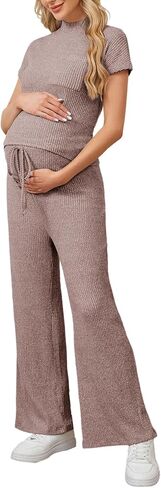 OYOANGLE Women's Maternity Lounge Set 2 Piece Ribbed Knit Short Sleeve Top and Pants Pajama Set Sleepwear in Saudi Arabia