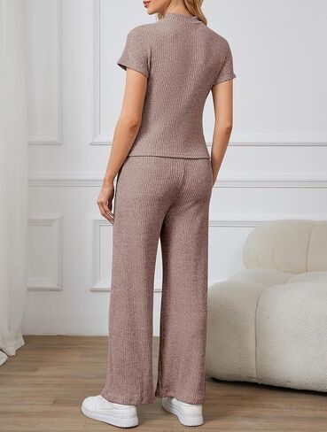 OYOANGLE Women's Maternity Lounge Set 2 Piece Ribbed Knit Short Sleeve Top and Pants Pajama Set Sleepwear in Saudi Arabia