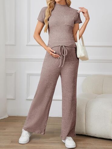 OYOANGLE Women's Maternity Lounge Set 2 Piece Ribbed Knit Short Sleeve Top and Pants Pajama Set Sleepwear in Saudi Arabia