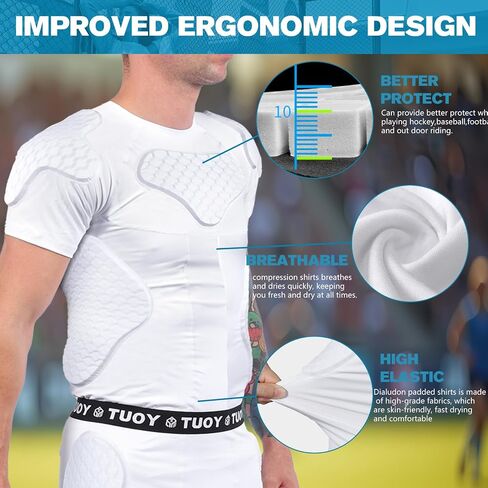 Men Padded Football Shirt Rib Chest Shoulder Protector Heart Guard Padded Compression Shirt 6-Pads Protective Gear for Baseball,Basketball in Saudi Arabia