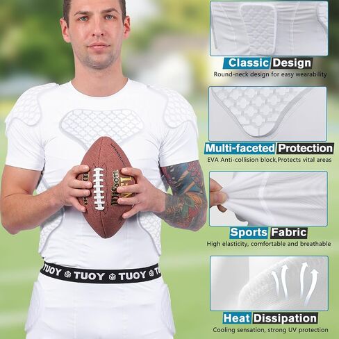 Men Padded Football Shirt Rib Chest Shoulder Protector Heart Guard Padded Compression Shirt 6-Pads Protective Gear for Baseball,Basketball in Saudi Arabia