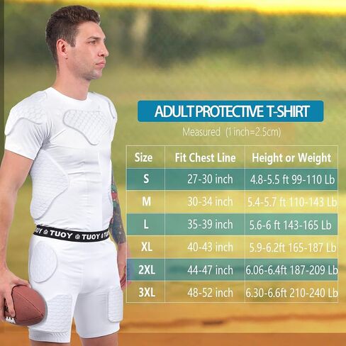 Men Padded Football Shirt Rib Chest Shoulder Protector Heart Guard Padded Compression Shirt 6-Pads Protective Gear for Baseball,Basketball in Saudi Arabia