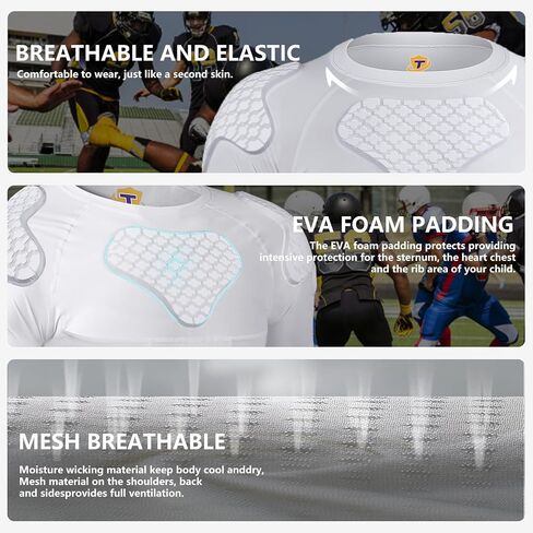 Men Padded Football Shirt Rib Chest Shoulder Protector Heart Guard Padded Compression Shirt 6-Pads Protective Gear for Baseball,Basketball in Saudi Arabia