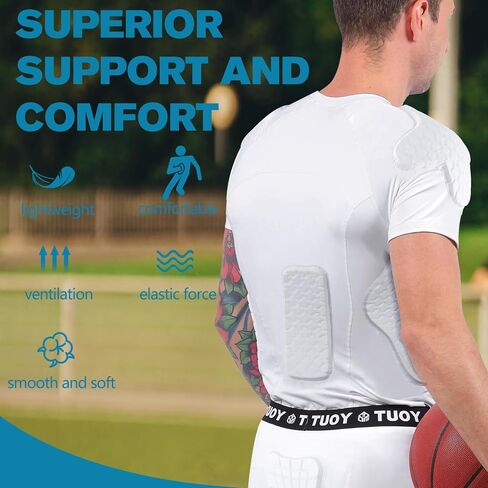 Men Padded Football Shirt Rib Chest Shoulder Protector Heart Guard Padded Compression Shirt 6-Pads Protective Gear for Baseball,Basketball in Saudi Arabia