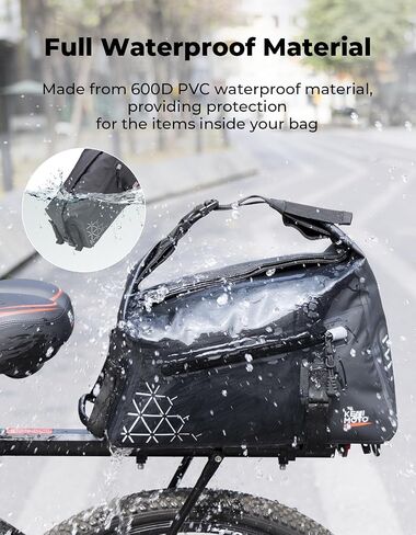 KEMIMOTO Bike Bag Full Waterproof, Bike Rear Rack Bag 16L Capacity, Bicycle Trunk with Two Shoulder Straps for Road and Mountain Cycling Travel (Black) in Saudi Arabia