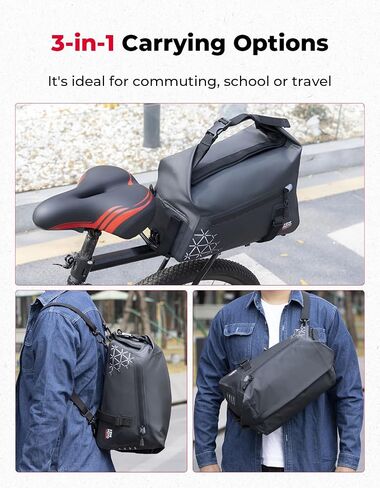 KEMIMOTO Bike Bag Full Waterproof, Bike Rear Rack Bag 16L Capacity, Bicycle Trunk with Two Shoulder Straps for Road and Mountain Cycling Travel (Black) in Saudi Arabia