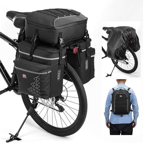 Kemimoto Bicycle Panniers Combo 3-in-1 ، حقيبة بقالة سرج الدراجة مع غطاء المطر المقاوم للماء ، 52 لتر من حقيبة الظهر لركوب الخلف ، حقيبة جذع للدراجات الجبلية ، الأسود ، الأسود in Kuwait