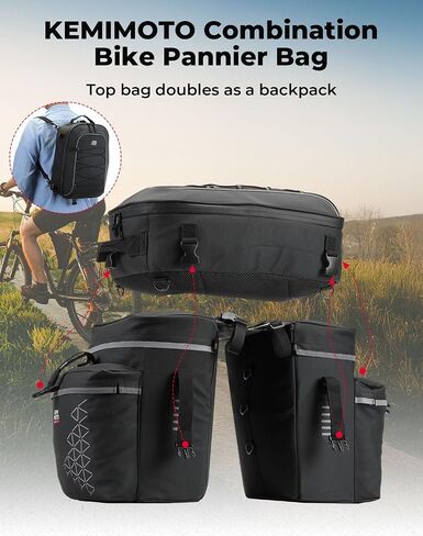 Kemimoto Bicycle Panniers Combo 3-in-1 ، حقيبة بقالة سرج الدراجة مع غطاء المطر المقاوم للماء ، 52 لتر من حقيبة الظهر لركوب الخلف ، حقيبة جذع للدراجات الجبلية ، الأسود ، الأسود in Kuwait