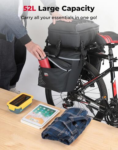 Kemimoto Bicycle Panniers Combo 3-in-1 ، حقيبة بقالة سرج الدراجة مع غطاء المطر المقاوم للماء ، 52 لتر من حقيبة الظهر لركوب الخلف ، حقيبة جذع للدراجات الجبلية ، الأسود ، الأسود in Kuwait