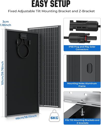 18BB 100 Watt Solar Panel, N-Type 12V 100W Solar Panel, 25% High Efficiency Monocrystalline PV Modules for RV, Marine, Rooftop, Farm, Trailer, Home Off-Grid System in Kuwait