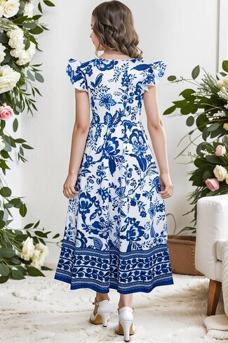 Girl's Dress Summer Boho Floral Flutter Sleeve Party Casual A Line Vacation Maxi Dress 9-14 Years in Saudi Arabia