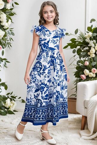 Girl's Dress Summer Boho Floral Flutter Sleeve Party Casual A Line Vacation Maxi Dress 9-14 Years in Saudi Arabia