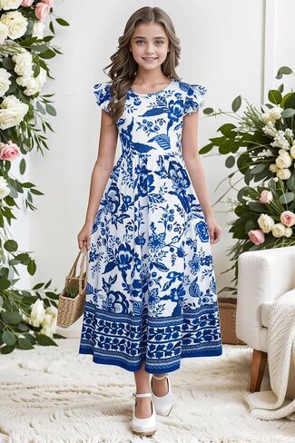 Girl's Dress Summer Boho Floral Flutter Sleeve Party Casual A Line Vacation Maxi Dress 9-14 Years in Saudi Arabia