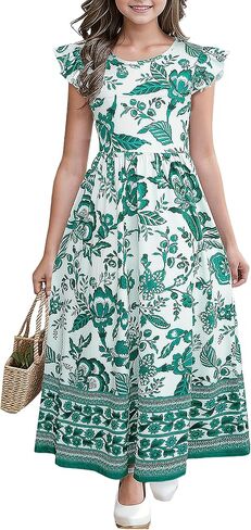 Girl's Dress Summer Boho Floral Flutter Sleeve Party Casual A Line Vacation Maxi Dress 9-14 Years in Saudi Arabia