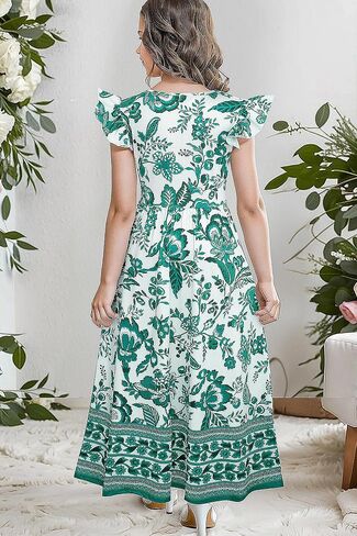 Girl's Dress Summer Boho Floral Flutter Sleeve Party Casual A Line Vacation Maxi Dress 9-14 Years in Saudi Arabia