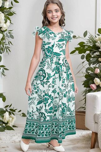 Girl's Dress Summer Boho Floral Flutter Sleeve Party Casual A Line Vacation Maxi Dress 9-14 Years in Saudi Arabia