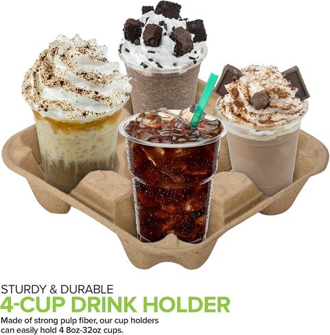 4 Cup Disposable Coffee Tray (75 Count) - Biodegradable and Compostable Cup Holder - Durable Drink Carrier for Hot or Cold Drinks, Uber Eats - to Go Coffee Cup Holder for Food Delivery Service in Saudi Arabia