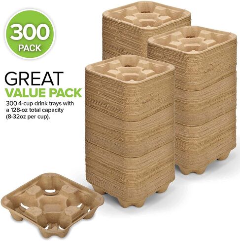 4 Cup Disposable Coffee Tray (75 Count) - Biodegradable and Compostable Cup Holder - Durable Drink Carrier for Hot or Cold Drinks, Uber Eats - to Go Coffee Cup Holder for Food Delivery Service in Saudi Arabia