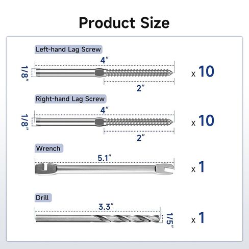 LuckIn 20 Pack 1/8" Cable Railing Hardware Kit, T316 Stainless Steel Right&Left Handed Thread Swage Lag Screws Deck Railing Kit for Wood Posts, Wood Baluster with Wrench in Saudi Arabia