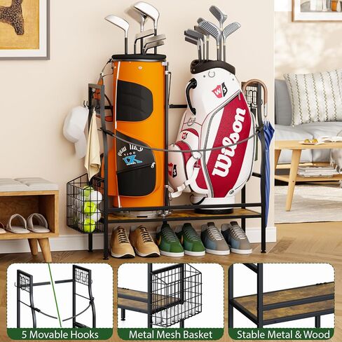 Golf Bag Organizer for Garage Storage, Golf Organizer Storage Rack Fits 2 Golf Bags, Mens Golf Bag Stand for Golf Bag Accessories, Metal & Wood Golf Bag Holder for Home, Club, Cool Golf Gifts for Men in Kuwait