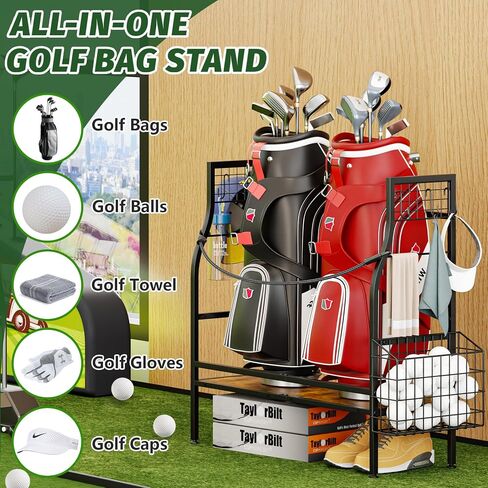 Golf Bag Organizer for Garage Storage, Golf Organizer Storage Rack Fits 2 Golf Bags, Mens Golf Bag Stand for Golf Bag Accessories, Metal & Wood Golf Bag Holder for Home, Club, Cool Golf Gifts for Men in Kuwait
