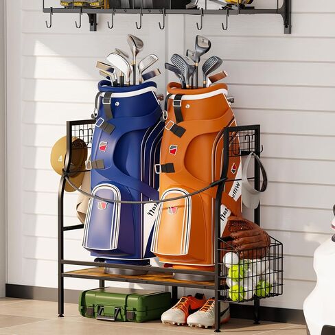 Golf Bag Organizer for Garage Storage, Golf Organizer Storage Rack Fits 2 Golf Bags, Mens Golf Bag Stand for Golf Bag Accessories, Metal & Wood Golf Bag Holder for Home, Club, Cool Golf Gifts for Men in Kuwait