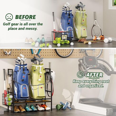 Golf Bag Organizer for Garage Storage, Golf Organizer Storage Rack Fits 2 Golf Bags, Mens Golf Bag Stand for Golf Bag Accessories, Metal & Wood Golf Bag Holder for Home, Club, Cool Golf Gifts for Men in Kuwait