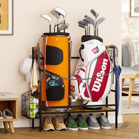 Golf Bag Organizer for Garage Storage, Golf Organizer Storage Rack Fits 2 Golf Bags, Mens Golf Bag Stand for Golf Bag Accessories, Metal & Wood Golf Bag Holder for Home, Club, Cool Golf Gifts for Men in Kuwait