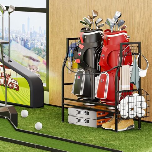 Golf Bag Organizer for Garage Storage, Golf Organizer Storage Rack Fits 2 Golf Bags, Mens Golf Bag Stand for Golf Bag Accessories, Metal & Wood Golf Bag Holder for Home, Club, Cool Golf Gifts for Men in Kuwait