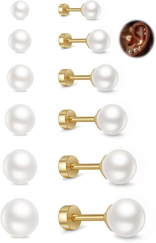 Small Pearl Stud Earrings for Women, 6 Pairs Hypoallergenic Flat Back Silver Pearl Studs Set 4-9MM, Surgical Stainless Steel Stud Earrings Sets for Multiple Piercing in Saudi Arabia