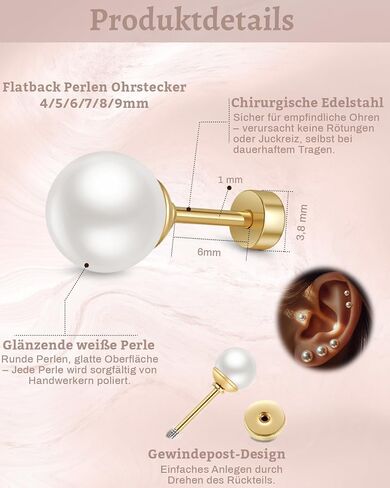 Small Pearl Stud Earrings for Women, 6 Pairs Hypoallergenic Flat Back Silver Pearl Studs Set 4-9MM, Surgical Stainless Steel Stud Earrings Sets for Multiple Piercing in Saudi Arabia